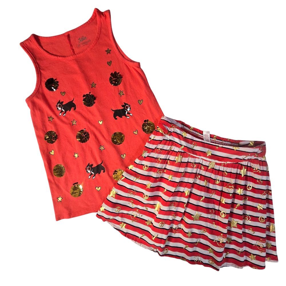 Justice Girls 2pc Skirt Tank Top Outfit 12 Orange White Stripe Nautical Puppies‎